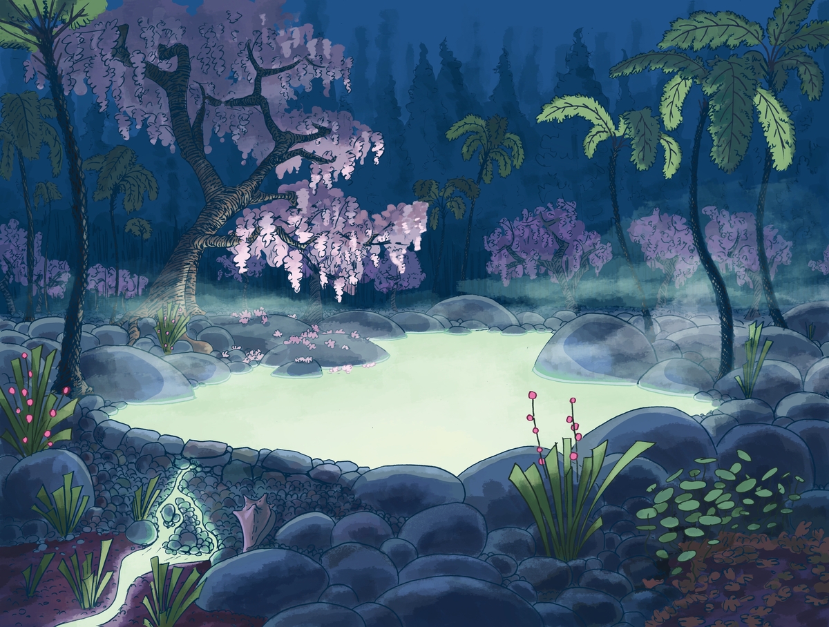 Illustration of an enchanted pool in a forest