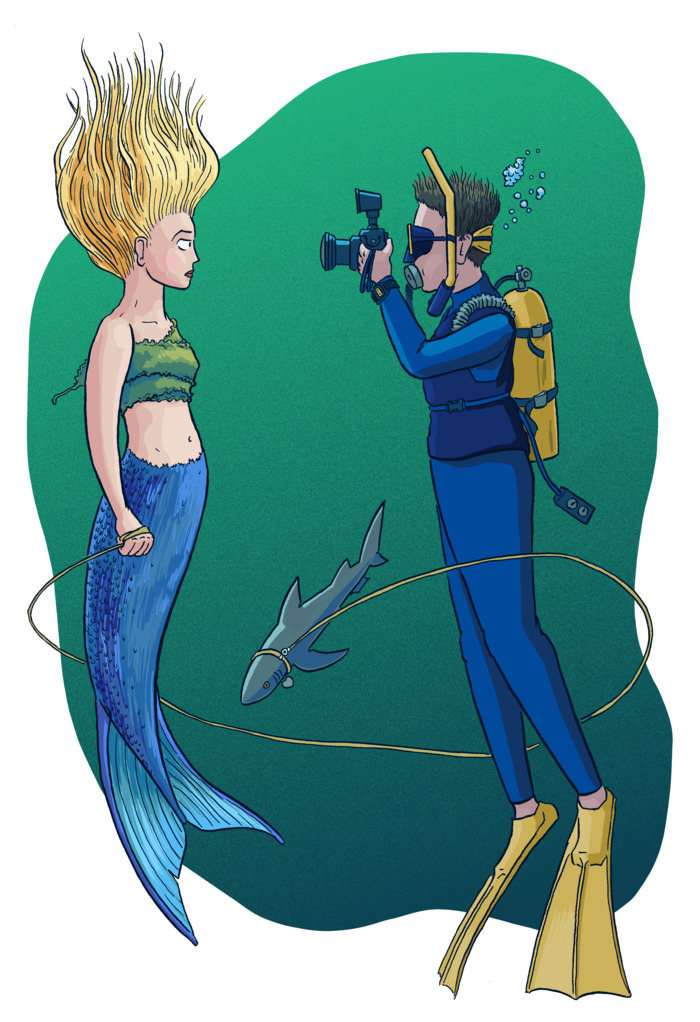 Drawing of a mermaid meeting a diver