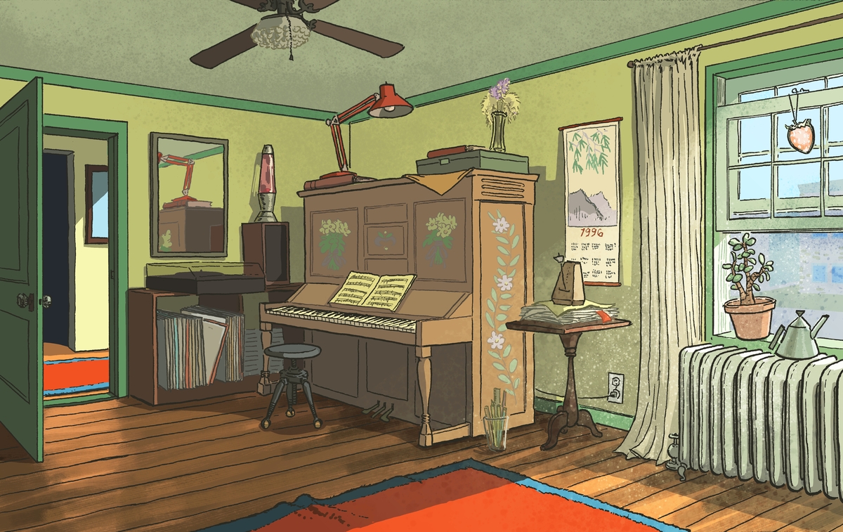 Illustration of a small room with a piano