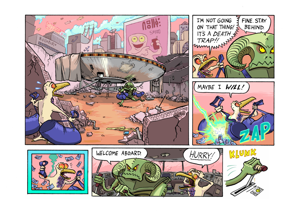 A comic with space alien bank robbers