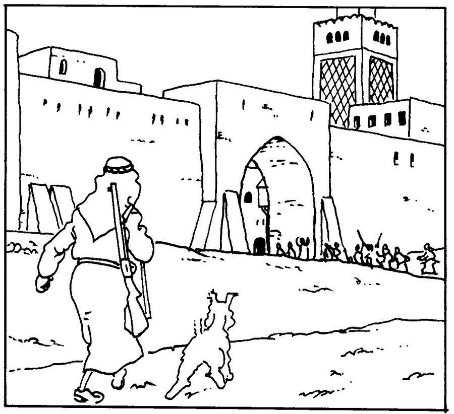 An illustration in two-point perspective from Cigars of the Pharaoh by Herge