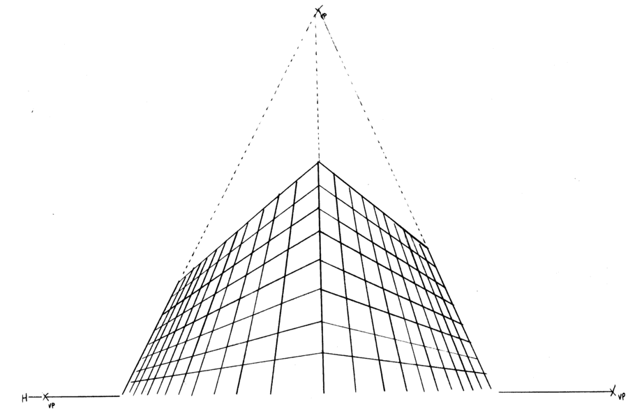A gridded box drawn in three-point perspective