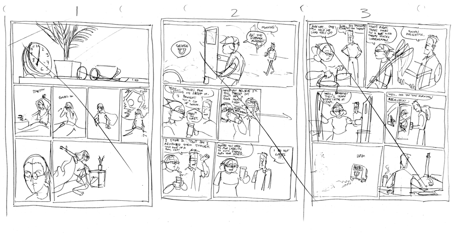First draft- thumbnails for first three pages