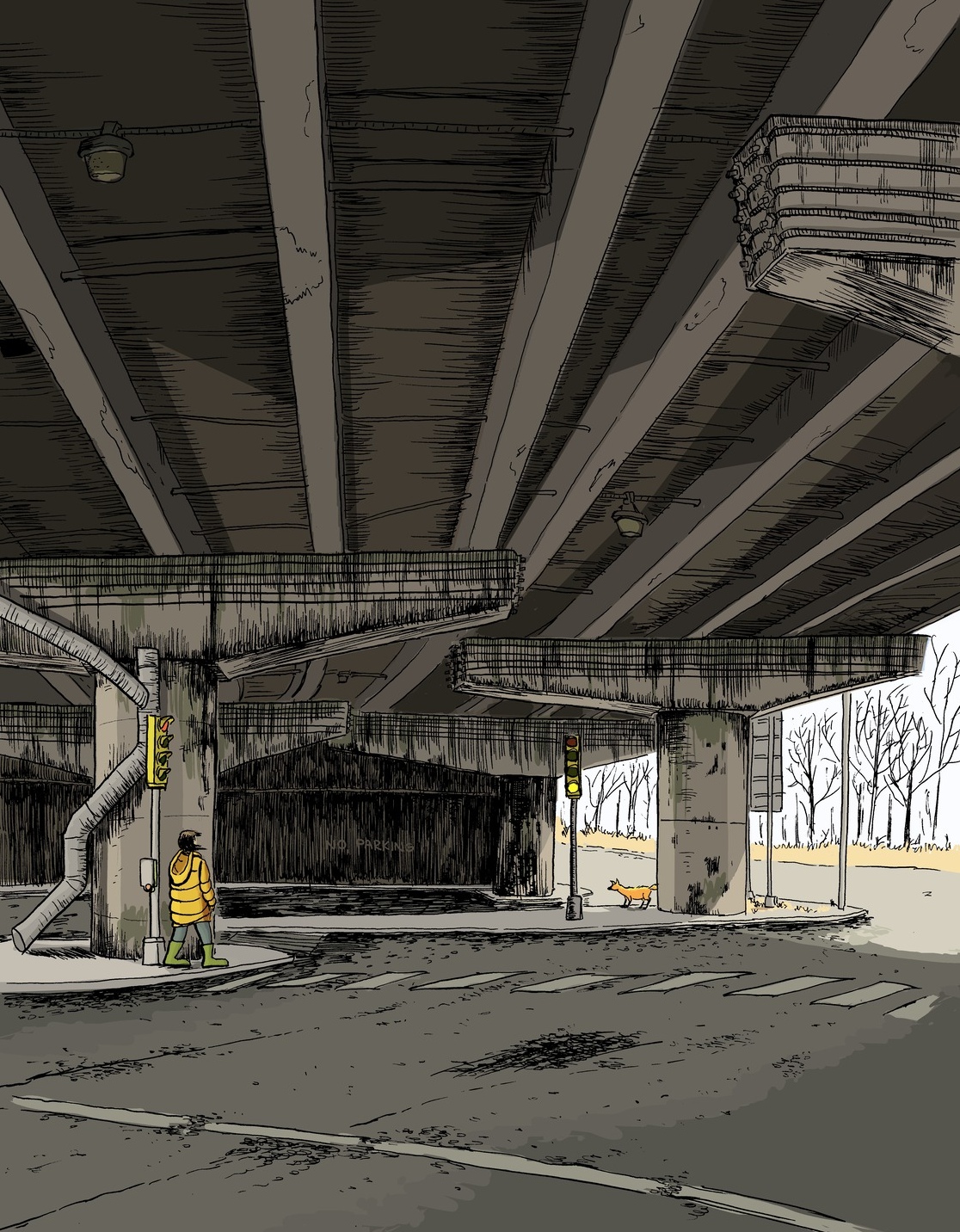 Drawing of a woman in a coat watching a fox below a highway overpass