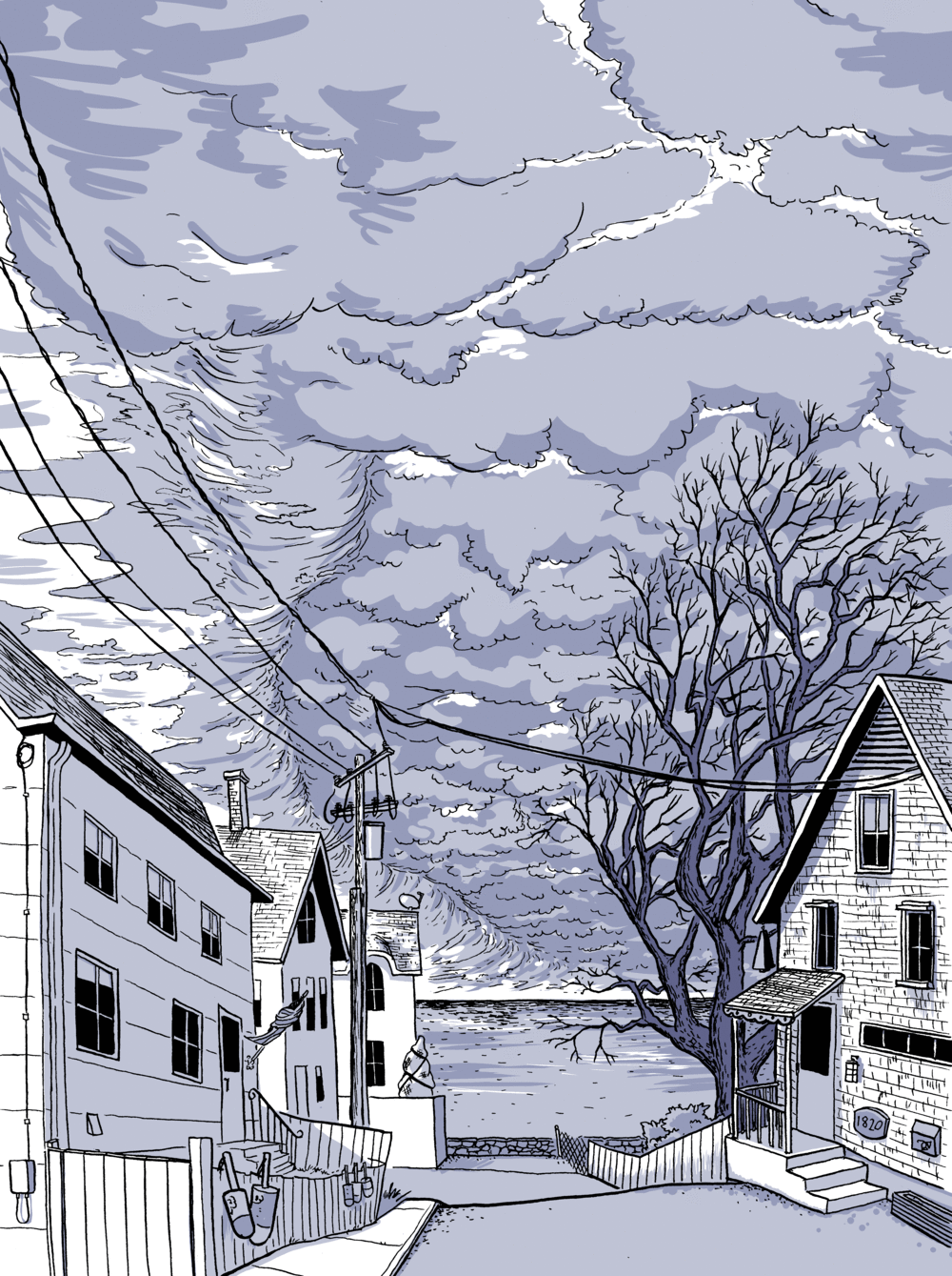 Drawing of a storm gathering outside a coastal town